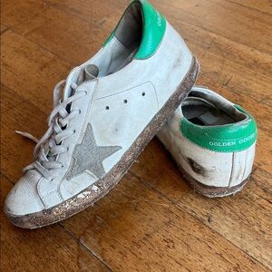 Golden Goose Gray and Green Star Sneakers with copper glitter sole